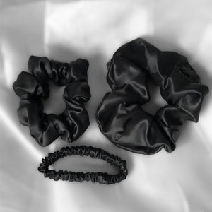 Black Pure Mulberry Silk Scrunchie - Set of 3