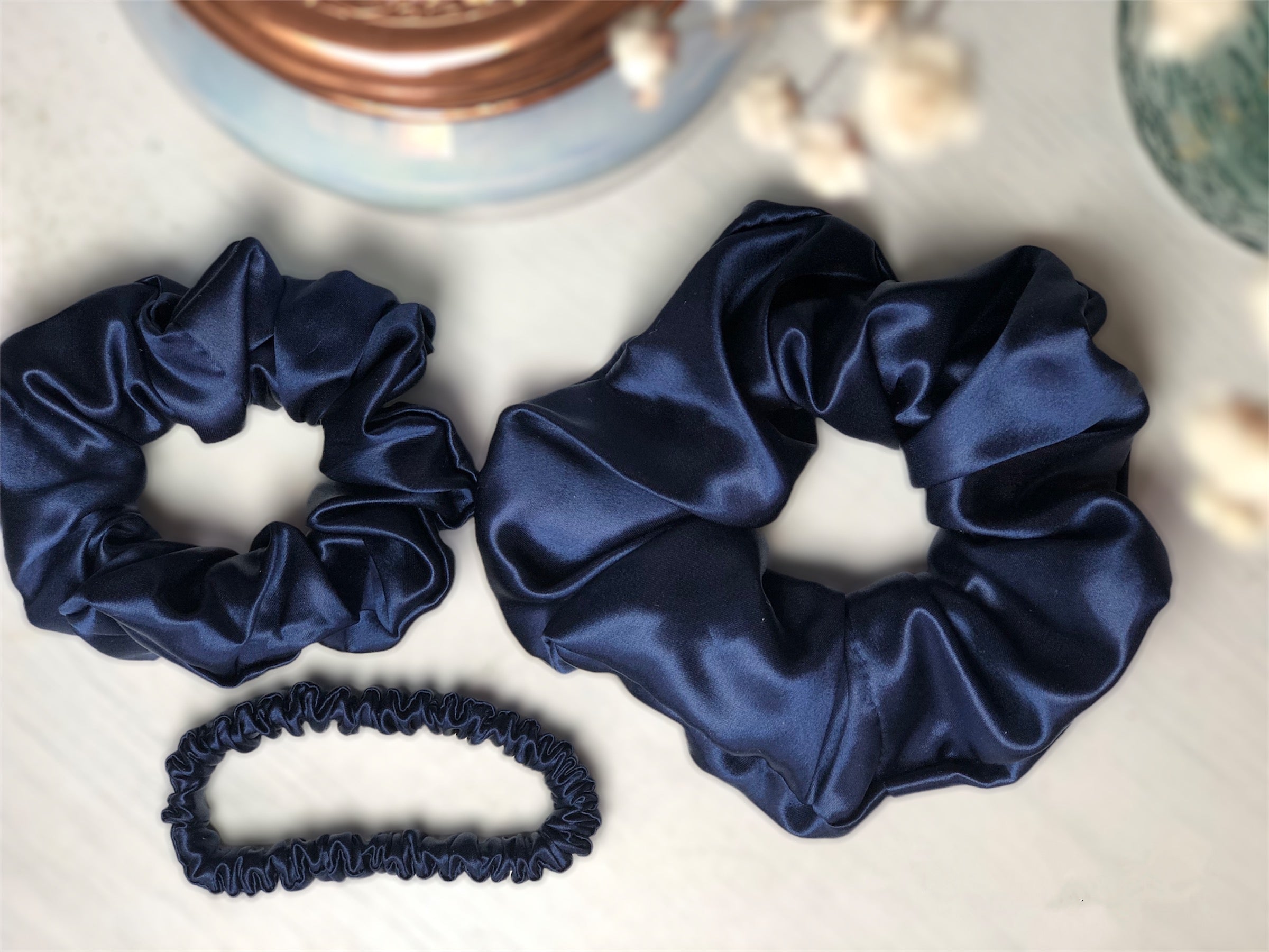 Navy Pure Mulberry Silk Scrunchie - Set of 3